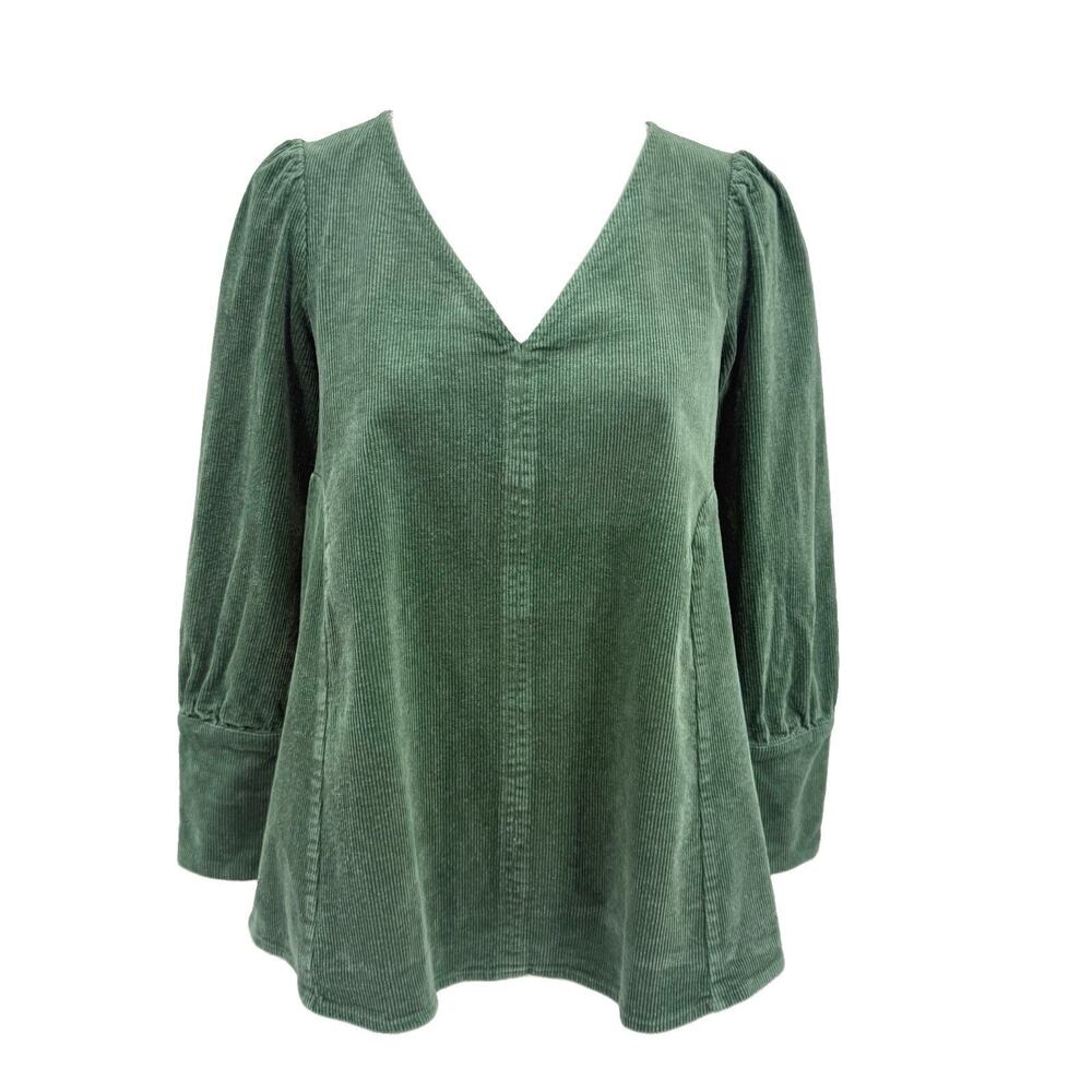 Tuckernuck Womens S Green Corduroy Tunic Top Puff Sleeve Gold Stud Cuff Babydoll - Picture 2 of 10
